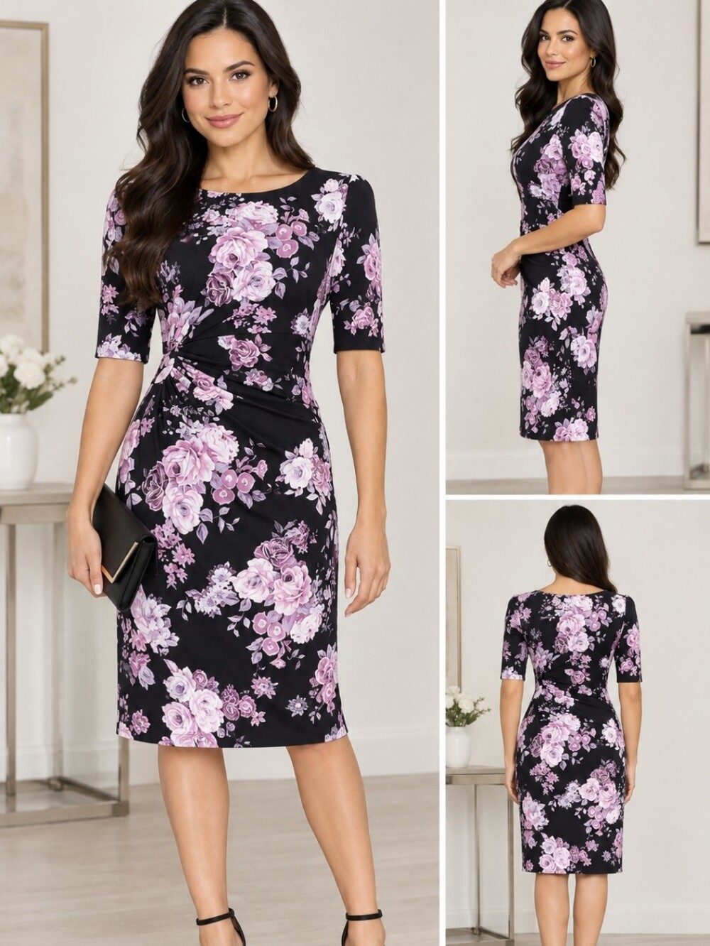 Connected Apparel Black and Pink Floral Midi Dress